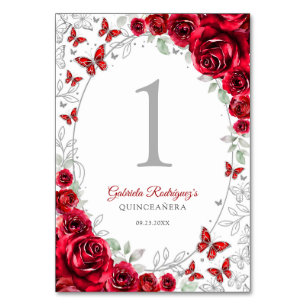 Red Silver Floral Quinceanera Table Number
