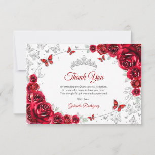 Red Silver Floral Quinceanera Thank You Card
