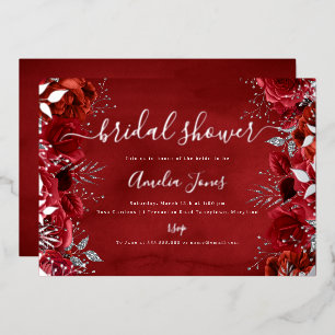 Red Silver Floral Rose Bridal Shower Foil Invitation