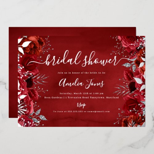 Red Silver Floral Rose Bridal Shower Foil Invitation