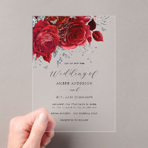 Red Silver Floral Rose Wedding Acrylic Invitations