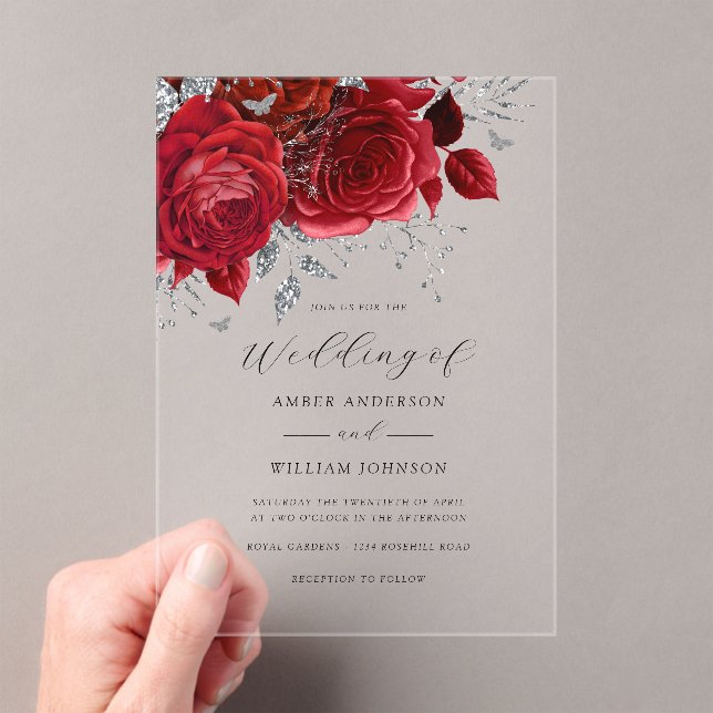 Red Silver Floral Rose Wedding   Acrylic Invitations (Insitu (Handheld))