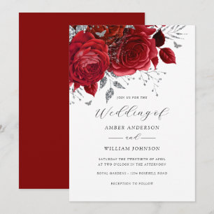 Red Silver Floral Rose Wedding Invitation