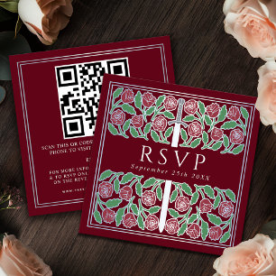 Red Silver Floral Royal Wedding RSVP QR Code Enclosure Card