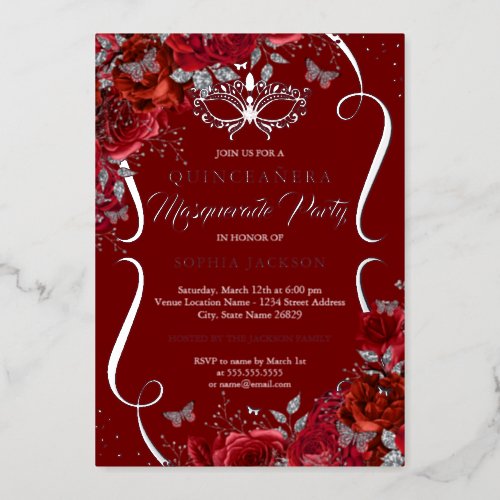 Red Silver Floral Scroll Masquerade Quinceanera Foil Invitation