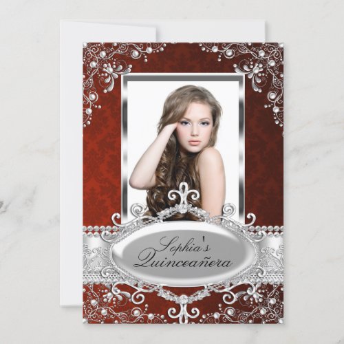 Red Silver Floral Vintage Glamour Quinceanera Invitation