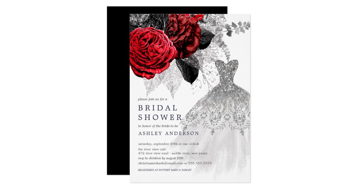 Red Silver Floral Wedding Dress Bridal Shower Invitation