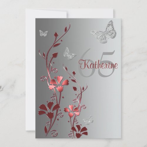 Red, Silver Flowers &amp; Butterflies 65th Invitation