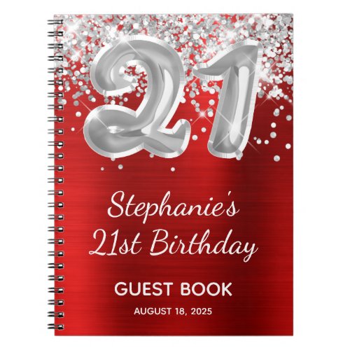 Red Silver Glitter Balloon 21st Birthday Guestbook Notebook