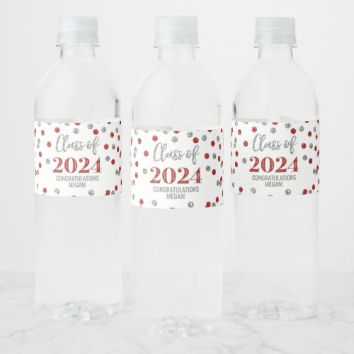 Red Silver Glitter Confetti Graduation Water Bottle Label