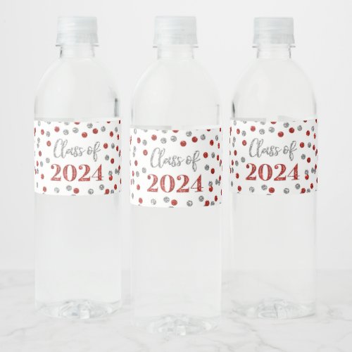 Red Silver Glitter Confetti Graduation Water Bottle Label