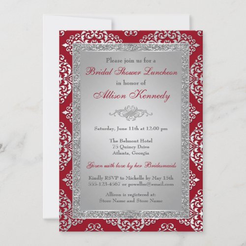 Red Silver Glitter Damask Bridal Shower Invite