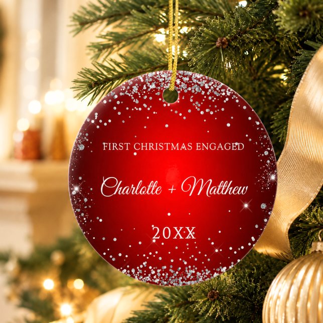 Red silver glitter engaged ceramic ornament (Creator Uploaded)