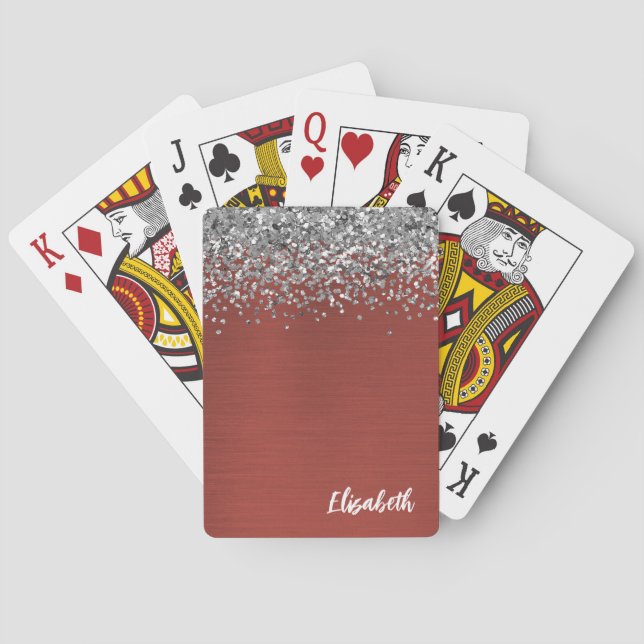 Red Silver Glitter Girly Monogram Name Poker Cards (Back)