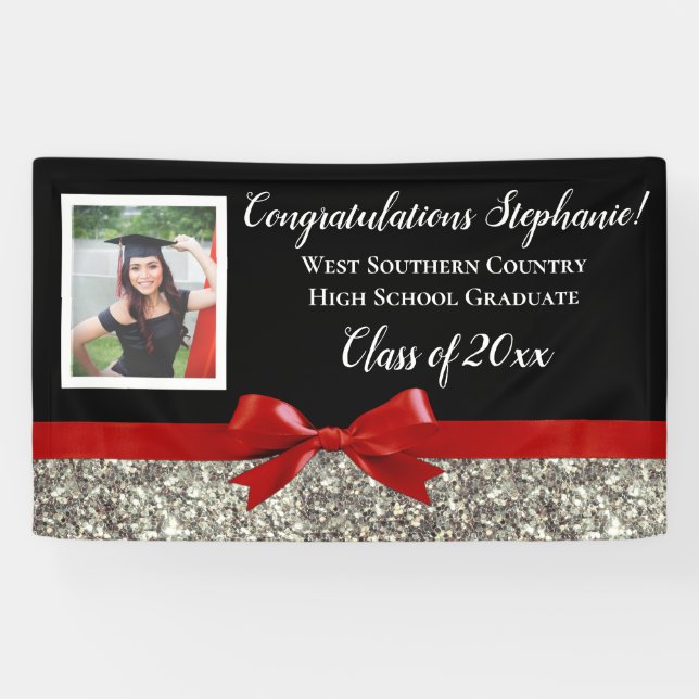 Red Silver Glitter Photo Graduation Banner Sign (Horizontal)