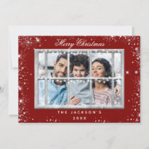 Red silver glitter photo window Christmas card