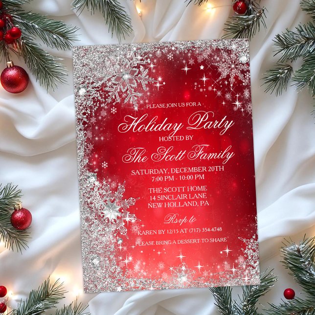Red & Silver Glitter Snowflake Holiday Party Invitation (Creator Uploaded)
