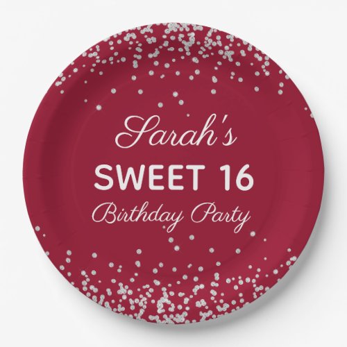 Red Silver Glitter Sweet 16 Birthday Party Paper Plates