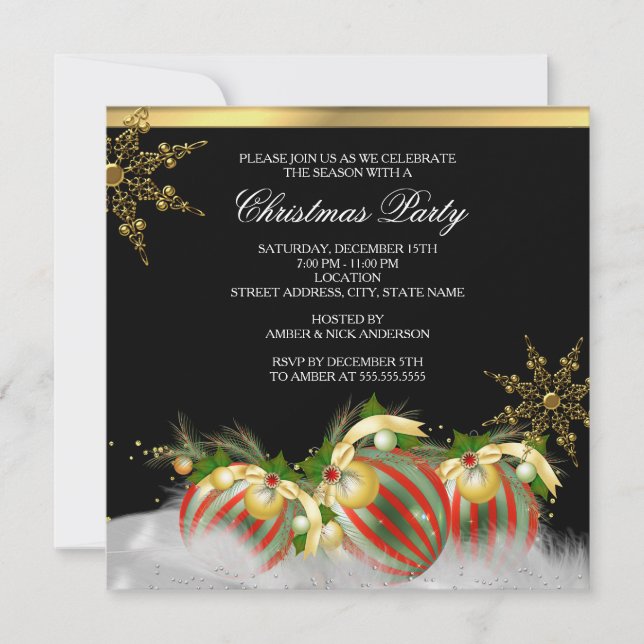 Red Silver Gold Holly Baubles Christmas Party 2 Invitation (Front)