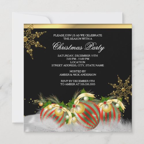 Red Silver Gold Holly Baubles Christmas Party 2 Invitation