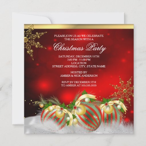 Red Silver Gold Holly Baubles Christmas Party 3 Invitation | Zazzle