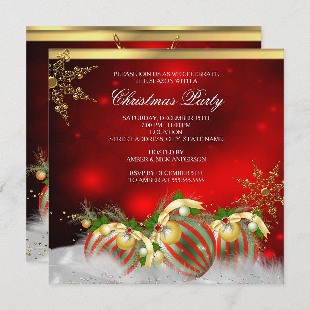 Red Silver Gold Holly Baubles Christmas Party 3 Invitation | Zazzle