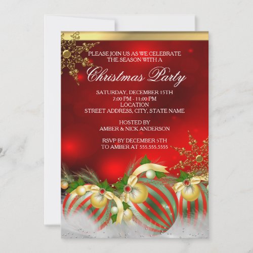 Red Silver Gold Holly Baubles Christmas Party 3 Invitation