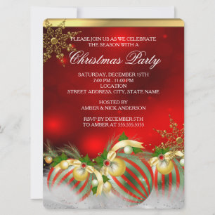 Red Silver Gold Holly Baubles Christmas Party 3 Invitation