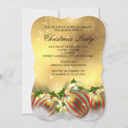 Red Silver Gold Holly Baubles Christmas Party Invitation