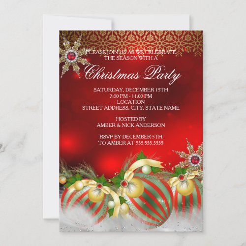 Red Silver Gold Holly Baubles Christmas Party new2 Invitation