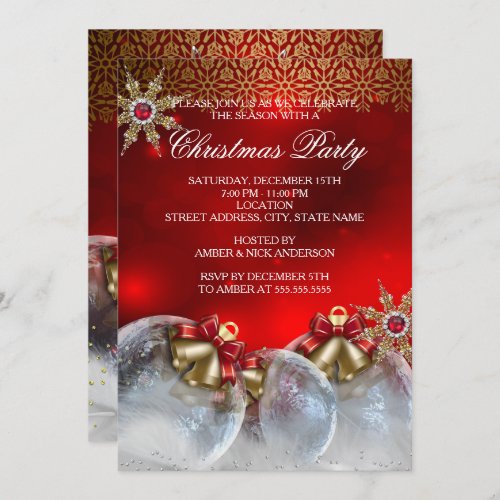 Red Silver Gold Holly Baubles Christmas Party new3 Invitation