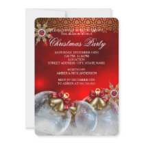 Red Silver Gold Holly Baubles Christmas Party new3 Invitation