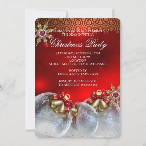 Red Silver Gold Holly Baubles Christmas Party new3 Invitation