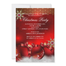 Red Silver Gold Holly Baubles Christmas Party new4 Invitation