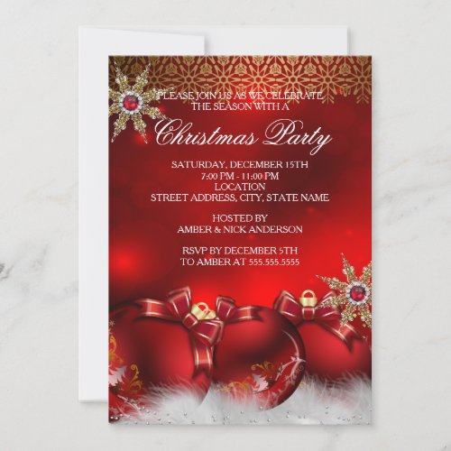 Red Silver Gold Holly Baubles Christmas Party new4 Invitation