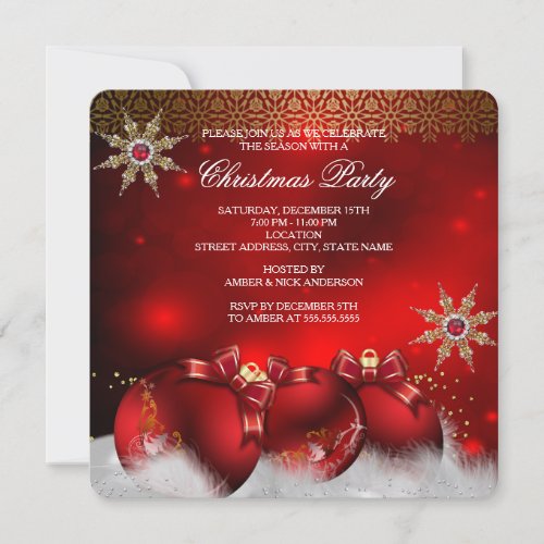 Red Silver Gold Holly Baubles Christmas Party new4 Invitation