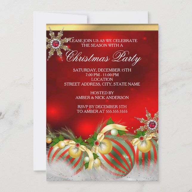 Red Silver Gold Holly Baubles Christmas Party new Invitation (Front)