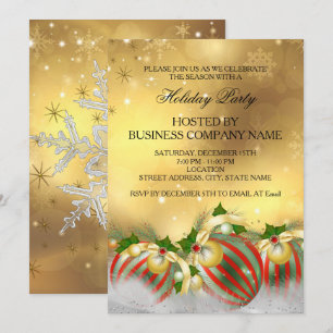Red Silver Gold Holly Baubles Holiday Party Invitation