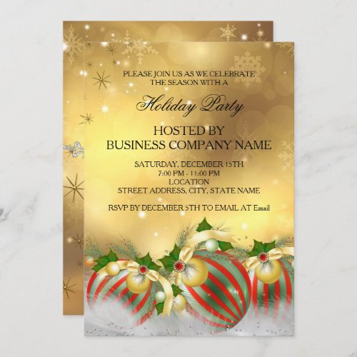 Red Silver Gold Holly Baubles Holiday Party Invitation