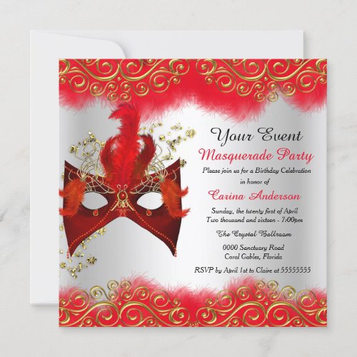 Red Silver Gold Mask Masquerade Birthday Party Invitation
