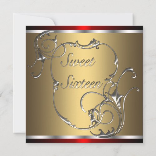 Red Silver Gold Sweet Sixteen Birthday Party Custom Invitations