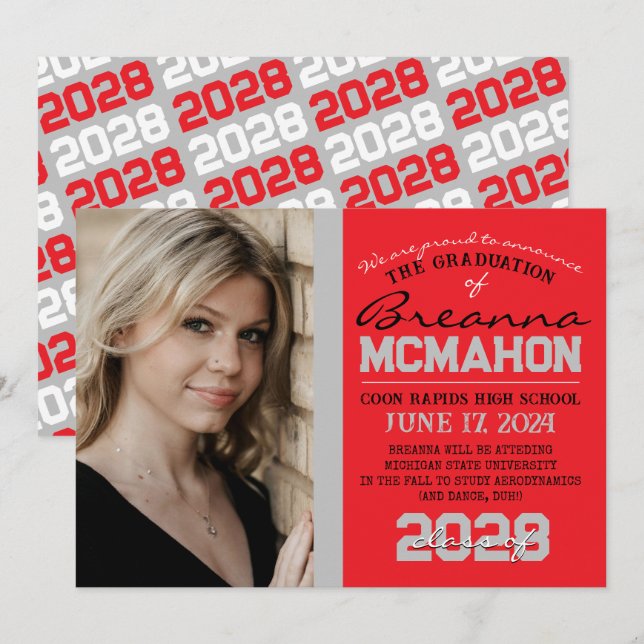 Red & Silver Graduation Photo Announcement (Front/Back)