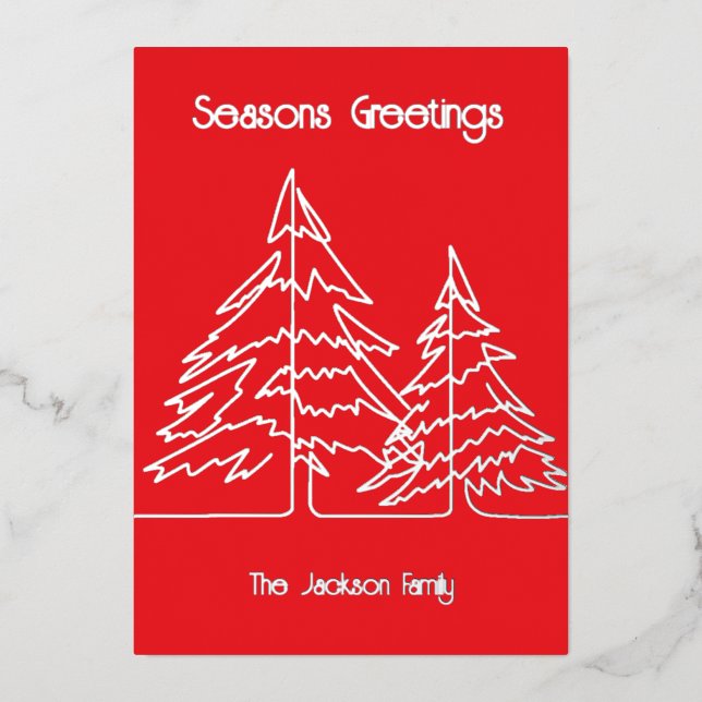 Red & Silver Graphic Christmas Tree Minimal   Foil Holiday Card (Front)