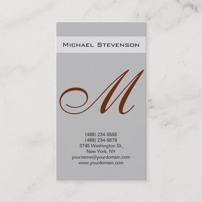 Red Silver Gray Script Monogram Business Card (Front)
