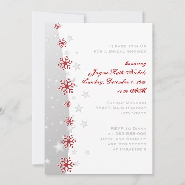 Red silver gray snowflake wedding bridal shower invitation (Front)