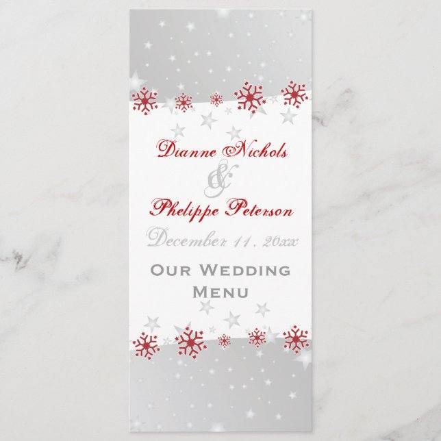 Red silver gray snowflake wedding menu card (Front)