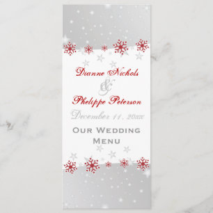 Red silver gray snowflake wedding menu card