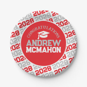 Red, Silver Gray & White Graduation Personalized Paper Plates