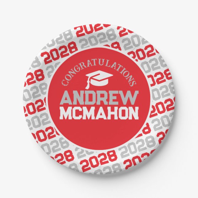 Red, Silver Gray & White Graduation Personalized Paper Plates (Front)