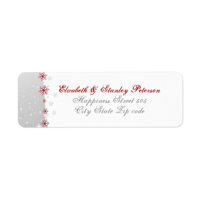 Red silver gray white snowflake wedding label (Front)